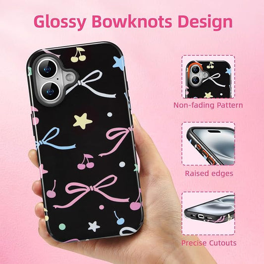 QLTYPRI Case for iPhone 16, Aesthetic Colorful Bow Cherry Stars Phone Case for Girls Women, Protective Hybrid 2-Layer Hard Shell Silicone Cover Durable Shockproof Phone Cover - Black