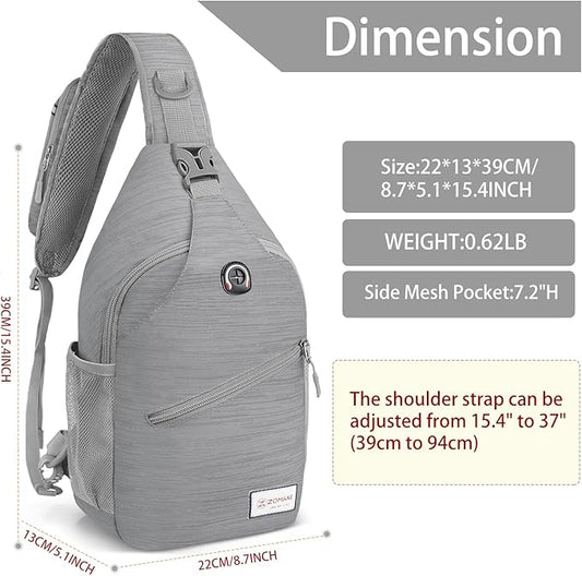 ZOMAKE Sling Bag,Small Crossbody Sling Backpack,Water Resistant Shoulder Daypack for Travel,Anti Thief Chest Bag for Hiking(Grey(Stripe))