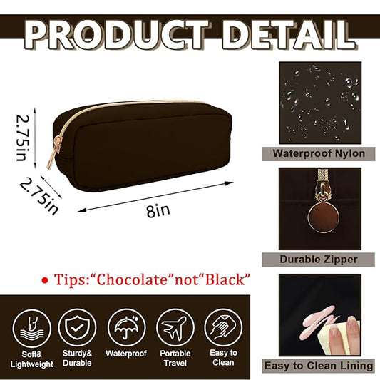 Small Pencil Case Makeup Bag for Purse, Cute Pencil Pouch Preppy Nylon Makeup Brush Bag with Zipper , Girls Portable Stationery Storage Case Small Pen Bag for Office School College(Slim-Chocolate)