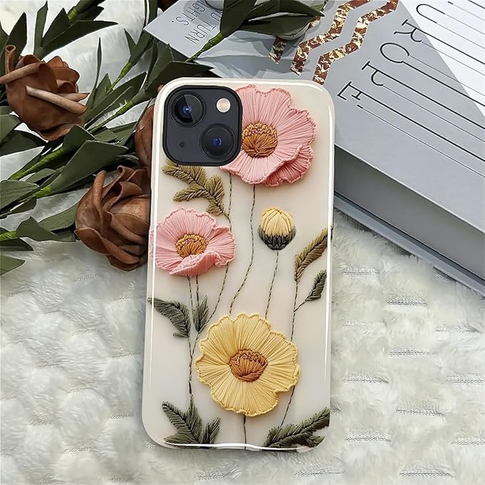 Case for iPhone 13 iPhone 14 Case,Faux Embroidery Boho Floral Design - Hybrid Dual Protection Silicone + Hard PC Shockproof Full Body Cover Slim Anti-Scratch Protective Case for Men Women
