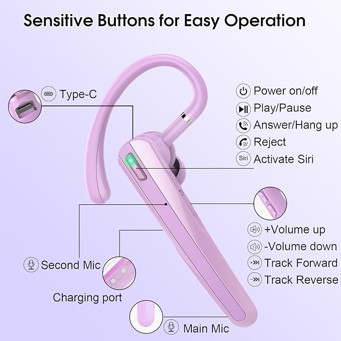Bluetooth Headset V5.3, Wireless Earpiece with Dual ENC Noise Canceling Mic, 120H Hand-Free Talk Single-Ear Bluetooth Earpiece with LED Display, IP7 Waterproof Headphones for Trucker/Business, Purple