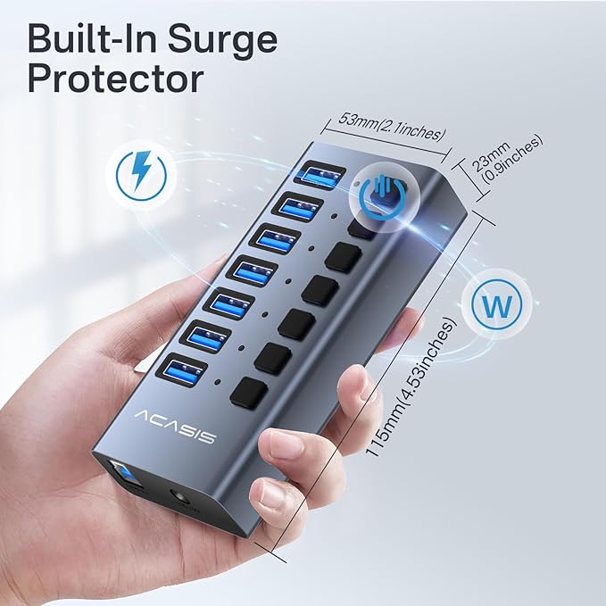Powered USB 3.1 Hub, ACASIS 7 Ports USB 3.1 Hub with 10Gbps Data Speed,Aluminum Housing, USB Hub Powered with 24W Power Adapter, USB Hub for PC/Laptop, Computer, Flash Drive, Printer, Camera
