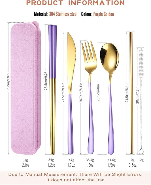 AARAINBOW 6 Pieces 18/8 Stainless Steel Flatware Set Portable Reusable Cutlery Set Travel Utensils Set Including Chopsticks Knife Fork Spoon Straws Cleaning Brush Dishwasher Safe (Purple golden)
