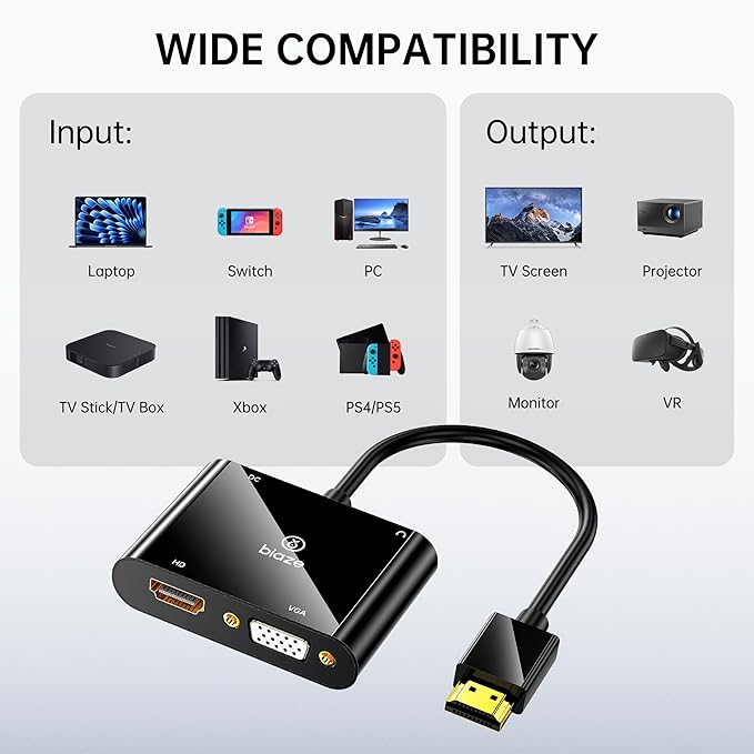 HDMI to VGA and HDMI Adapter, Dual Output 1080P Video Converter with Audio, USB-Powered HDMI Splitter for Laptop, TV Box, Projector, Monitor