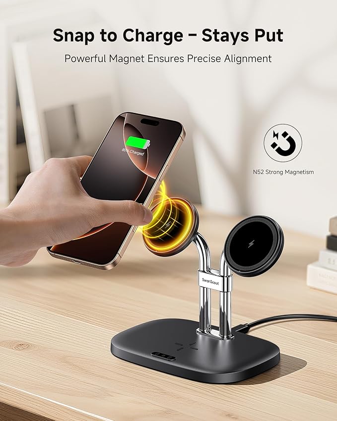 Wireless Charger for iPhone Air/17, SwanScout 706M, Dual Magnetic Charger for iPhone 16/15/14/13/12 Series, Charging Station for AirPods Pro 3/2, AirPods 4/3rd (Black)