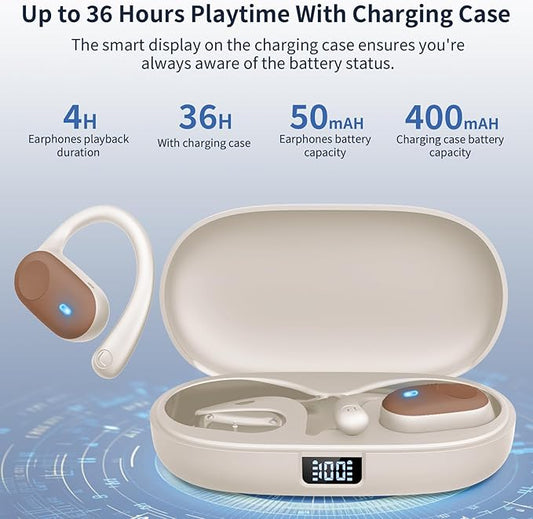 Open Ear Headphones, Bluetooth Headphones 5.3 Sports with Smart Digital Display, 36H Playtime, IP54 Waterproof, Wireless Earbuds Lightweight Design Fit Cycling, Running, Workout (Beige)