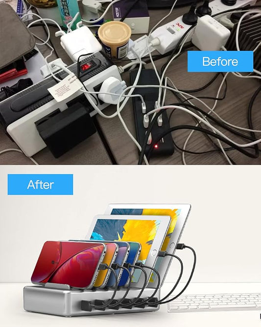 Charging Station for Multiple Devices - 6 Port Fast Charging Station for iPhone iPad Android and Tablet - Multi Charging Stations - Phone Charging Stations with 6 Mixed Cables Included(UL Certified)