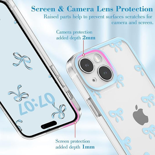 EYZUTAK Case for iPhone 15, Clear Cute Ribbon Bowknot Pattern Aesthetic Transparent Phone Case Raised Camera Protection Stylish Slim Soft Durable TPU Protective Cover for Women Girls - Blue
