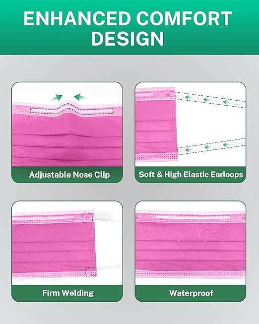 Disposable Face Masks Made in USA, 4 Ply for Families, Students, Breathable All-Day Wear & Safety, FSA HSA Eligible, ASTM Level 3 Medical Grade, 50 Pack, Rose Red