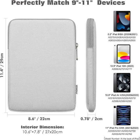 MoKo 9-11 Inch Tablet Sleeve Bag Carrying Case Fits New 11 inch iPad Air M3, iPad A16 2025, iPadPro 11 M4, Air 5/4/3, iPad10/9/8th Gen, Tab S8/S9 11", Gray + White