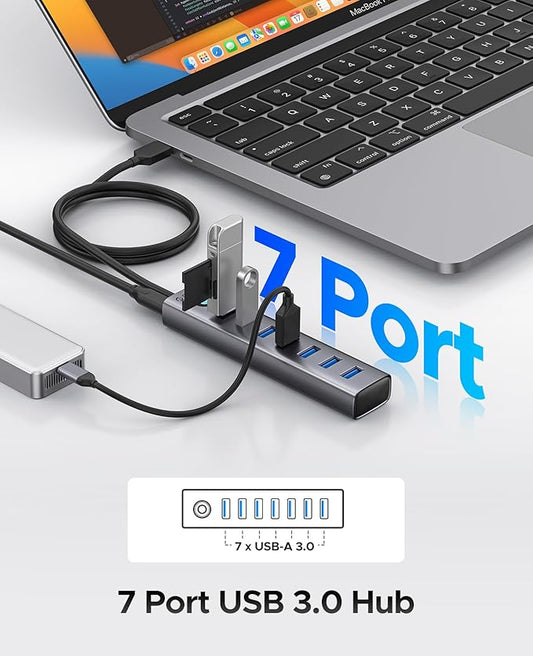 ORICO Aluminum 7-Port USB Hub with 3.28Ft Cable, Multiple USB 3.0 Hub, 5Gbps Data Transfer, 5V 3A Type-C Port, UBS-A Splitter for PC, Laptop, Desktop