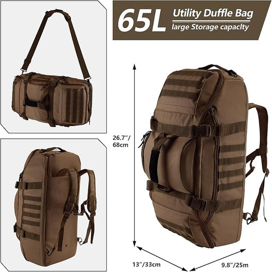 65L Large Duffle Bag, 3-in-1 Tactical Backpack MOLLE Pack for Sports, Gym, Outdoor, Dark Brown