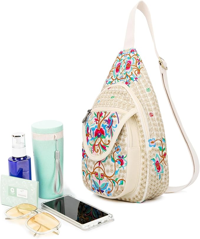 SILKAREA Vintage Floral Small Sling Bag for Women's Chest Purse Handbag Shoulder Bag Travel Embroidered Backpack Purse (Beige Red)