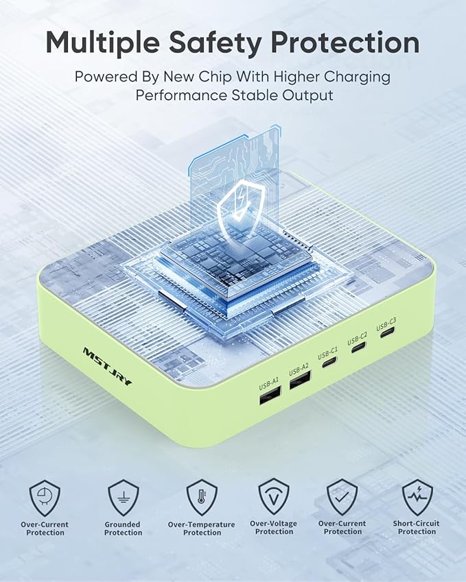 MSTJRY USB C Charging Station for Multiple Devices: 90W 5 Ports Multi Fast Charger for iPhone iPad Tablets Phone Airpods - Charging Dock Organizer with Adjustable Dividers for Home Office Classroom