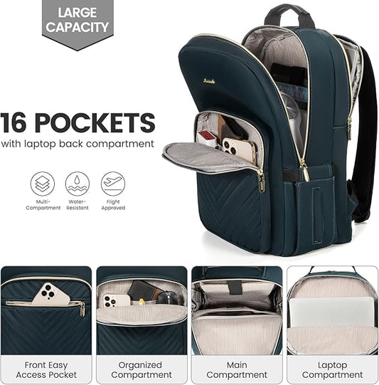 LOVEVOOK Laptop Backpack for Women 17.3 inch,Cute Womens Travel Backpack Purse,Professional Laptop Computer Bag,Waterproof Work Business College Teacher Bags Carry on Backpack with USB Port,Blue-green