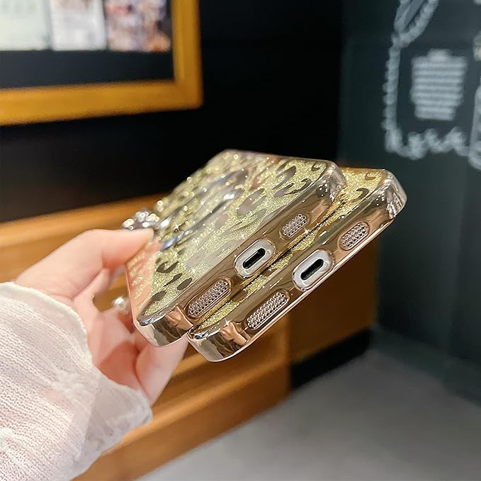 for iPhone 16 Case Magnetic,Soft Cute Luxury Leopard Cheetah Pattern Plating Glitter Bling Phone Case Compatible with MagSafe Clear Shockproof Back Cover for Women Girl 6.1"-Gold