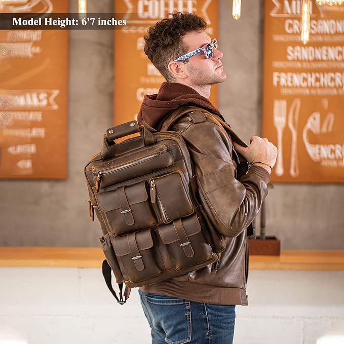 Polare Cowhide Leather Multiple Laptop Backpack Day Pack Travel Bag Satchel For Men