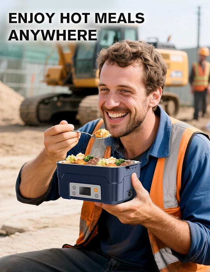 EAST OAK XL 6.3-Cup Cordless Electric Lunch Box for Adults, Heated Lunch Box for Men with Scheduled Heating, Portable Car Food Warmer with Utensils, Two-Tier Bag, Removable Divider