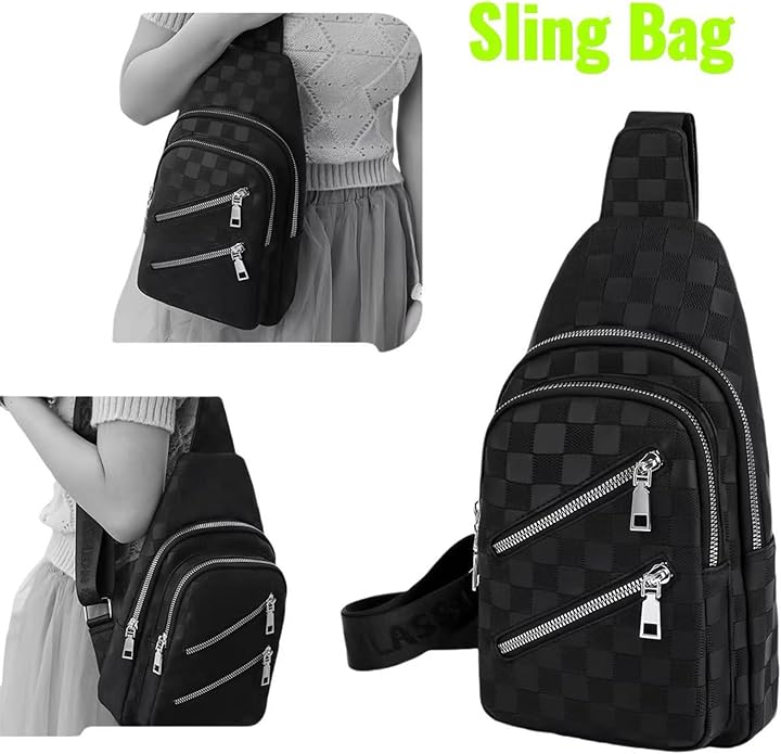 Checkered Black Leather Crossbody Bag for Women - Water Resistant Sling Bag, Adjustable Strap Chest Pack Fanny Pack