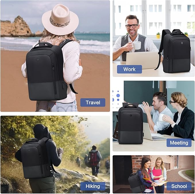 OIWAS Mens Backpack for Work Waterproof Laptop Backpack Computer Backpack with USB Charging Port Lightweight Back Pack Daypack Fit 15.6 Inch Laptop and Notebook, Black