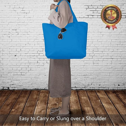 TOPDesign 1-Pack Canvas Tote Bag with an External Pocket, Reusable Grocery Shopping Bag, Top Zipper Closure, Daily Essentials (Ocean Blue)