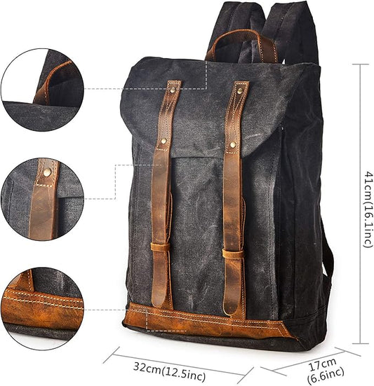 Waterproof Waxed Canvas Shoulder Rucksack Backpack for Men Women Casual Large 15.6 inch laptop Bookbag Grey