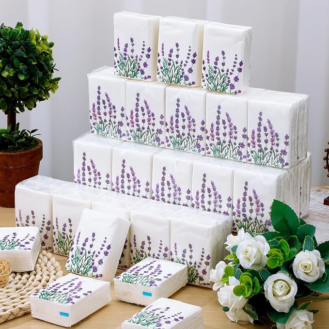 Therwen 100 Pack Pocket Tissues Travel Packs Bulk 1000 Sheet Mini Tissues Bulk 3 Ply Small Travel Size Paper Individual Pocket Size (Lavender Style)