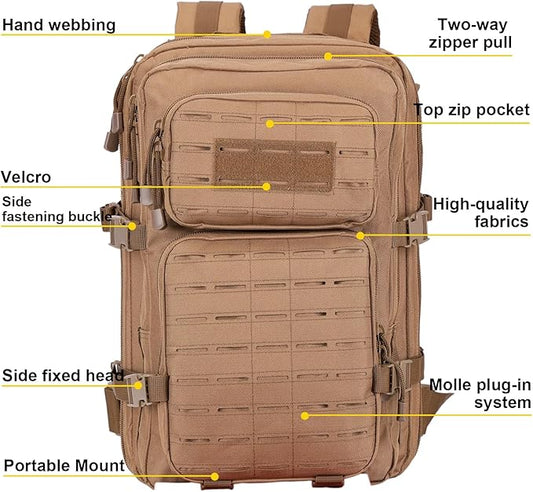 40L Tactical Backpack, Camouflage Military Bug Out Bag, Durable MOLLE Hiking Camping Gear (TAN)