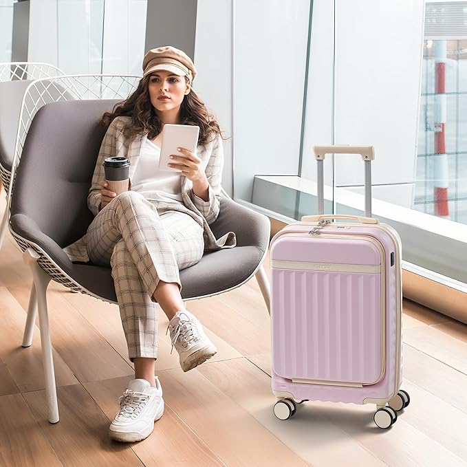 Merax Luggage Sets Front Opening, 2 Piece Hardshell Suitcase with Spinner Wheels and Bags,Lightweight Carry on Luggage with USB Port,20+24,Pink