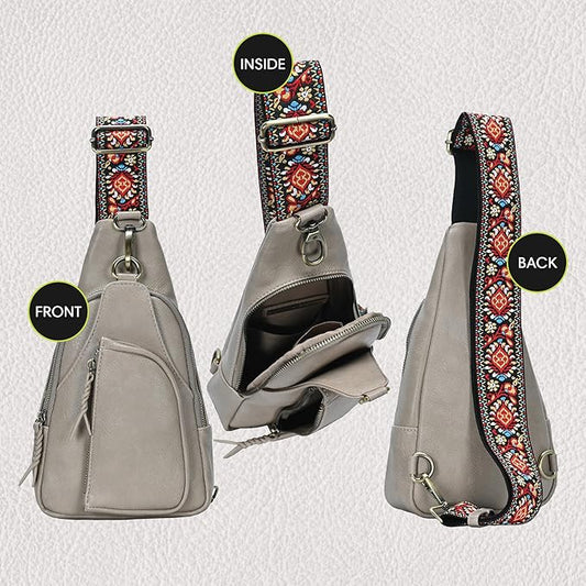 Antik Kraft Tasha Webbing Strap Sling (Taupe) | Vegan Leather Crossbody Bag for Women with 16-20" Strap | Sling Bags for Women with Durable Antique Brass Hardware | 7in x 2.5in x 12.5in |