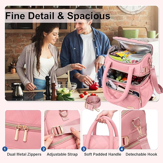 Weitars Lunch Bag for Women Men,Double Deck Lunch Box for Women,Quilted Lunch Tote for Work,Insulated Lunch Cooler Leakproof Lunchbox for Adult with Shoulder Strap &Pockets for Picnic Hiking (Pink)
