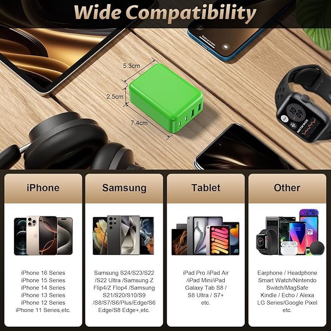 2Pack Slim Flat USB C Charger 40W Foldable Fast Charging Block 4Ports USB C Charger Block Cube Box Compatible with iPhone 16 Samsung, Pixel, Tablets, Multiport Power Adapter Plug Brick Christmas Green