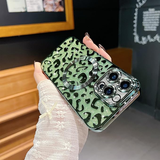 for iPhone 16 Pro Case Magnetic,Soft Cute Luxury Leopard Cheetah Pattern Plating Glitter Bling Phone Case Compatible with MagSafe Clear Shockproof Back Cover for Women Girl 6.3"-Green