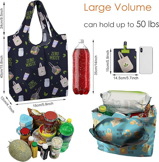 BeeGreen Print Reusable Shopping Bags 6 Pack - Heavy Duty Washable and Foldable Polyester Shopping Bag for Women, Reusable Gift Grocery Totes Market Tote Bag with Handles for Travel Holiday