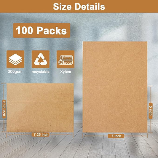100 Packs Brown Blank Note Cards with Envelopes 5 x 7 Heavyweight Folded Cardstock and A7 Envelopes Self Seal for Invitations, Wedding, DIY Greeting Cards, Thank You Cards, Festival Blessings