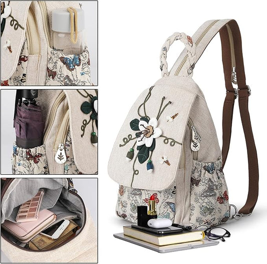 Ladys Convertible Sling Bag, Hand Craft Artisan Purse, Girls Beautiful Canvas Premium Casual Day Mini Backpack for Women (Flower Bee)