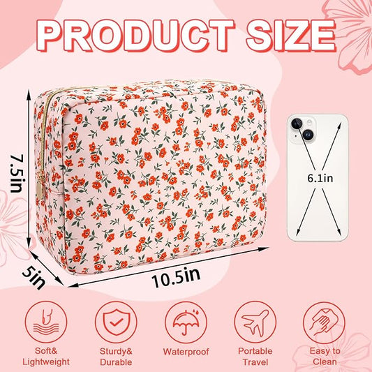 Waterproof Large Floral Makeup Pouch,Nylon Travel Toiletry Storage Purse Preppy Cosmetic Bag for Women Girl,Large Capacity Makeup Organizer Zipper Pouch for Work(L Pink-Flowers)