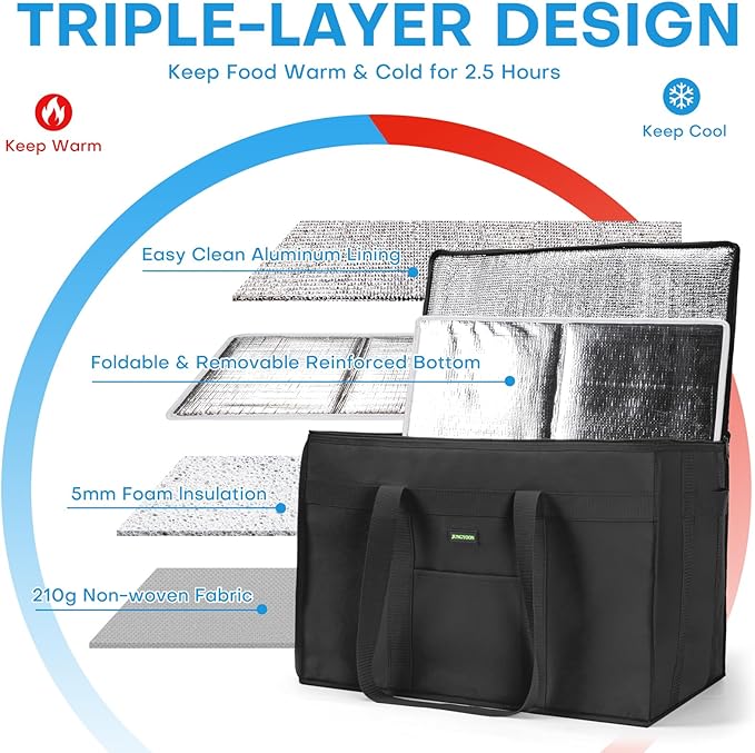 JUNGYOON 2-Pack Heavy-Duty Insulated Grocery Bags & Picnic Basket – Collapsible Cooler Bag with Zippered Top | Reusable Shopping Bags for Groceries, Picnics, Easy Storage(XL Black)