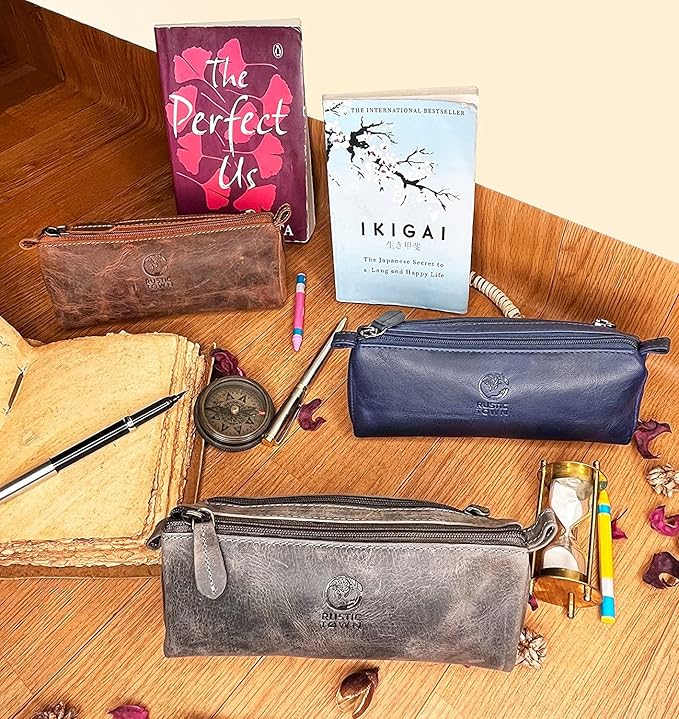 Rustic Town Leather Pencil Case - Full Grain Leather Zippered Pen Pouch - Stationery Bag Pen Holder for Work & Office