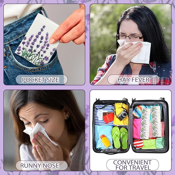 Therwen 100 Pack Pocket Tissues Travel Packs Bulk 1000 Sheet Mini Tissues Bulk 3 Ply Small Travel Size Paper Individual Pocket Size (Lavender Style)