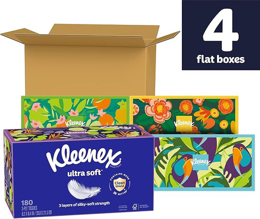 Kleenex Ultra Soft Facial Tissues, 4 Flat Boxes, 180 Tissues per Box, 3-Ply, Packaging May Vary