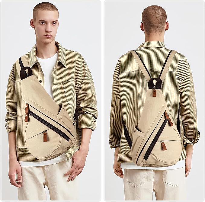 HuxFam Canvas Sling Bags Crossbody Sling Backpack for Men Women Chest Bags Small Hiking Travel Shoulder Daypack