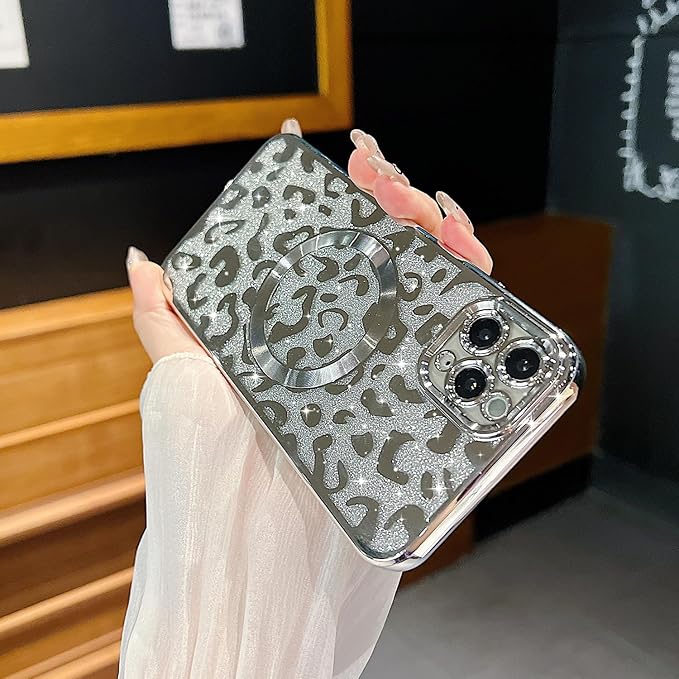 for iPhone 11 Pro Case Magnetic,Soft Cute Luxury Leopard Cheetah Pattern Plating Glitter Bling Phone Case Compatible with MagSafe Clear Shockproof Back Cover for Women Girl 5.8"-Silver