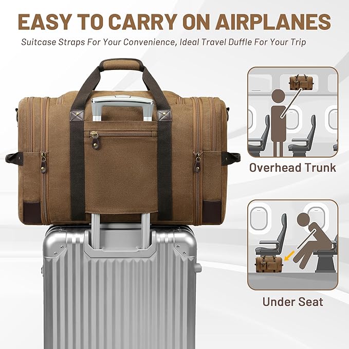 Travel Duffle Bag for Men, Duffle Bag for Travel, Heavy Duty Canvas Duffle, Carryon Bags for Airplanes, Expandable Vintage Overnight Luggage Weekender Bag, Waterproof Anti-tear Travel Bag