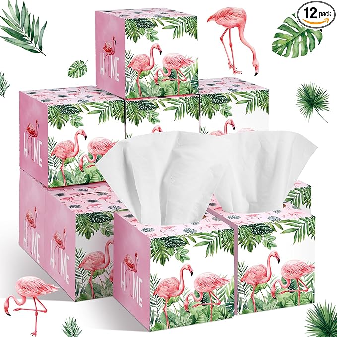 12 Pack Summer Flamingo Facial Tissues Cube Face Boxes 600 Sheets 3 Ply Small Pink Flamingo Square Tissues Bulk for Summer Tropical Hawaii Car Bedroom Party Supplies
