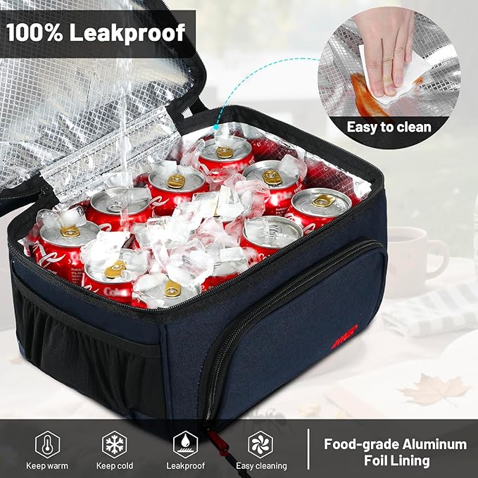 MIER Dual Compartment Lunch Bag Tote with Shoulder Strap for Men and Women Insulated Leakproof Cooler Bag, Dark Blue