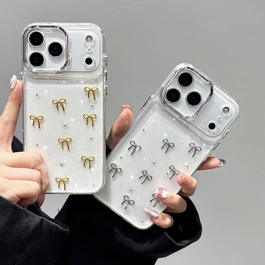 EYZUTAK Case for iPhone 17 Pro, Bling Glitter 3D Bowknot Phone Case Cute Sparkly Crystal Clear Bow Aesthetic Design Cover Slim Soft Durable TPU Transparent Protective Cover for Women Girls - Gold Bow