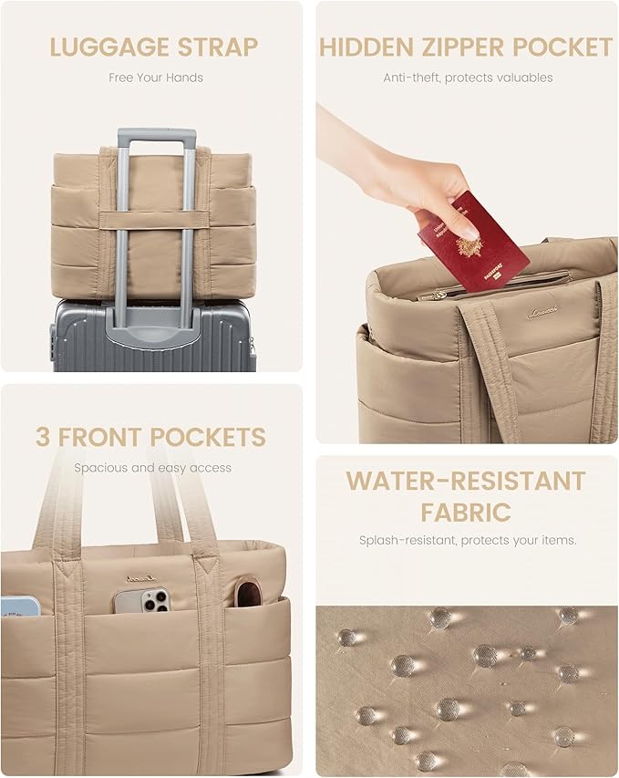 LOVEVOOK Tote Bag for Women, Large Puffer Work Tote Bag for 17.3 Inch Laptop, Lightweight Travel Tote with Zipper Gifts for Women