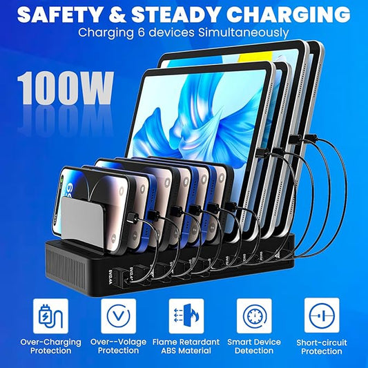 Charging Station for Multiple Devices, 100W 10 Ports Flat Plug Charging Dock with 10 Cables Smart IC Tech and Adjustable Dividers Type-C,Multi USB Charger for iPhone Galaxy iPad Tablet,Black