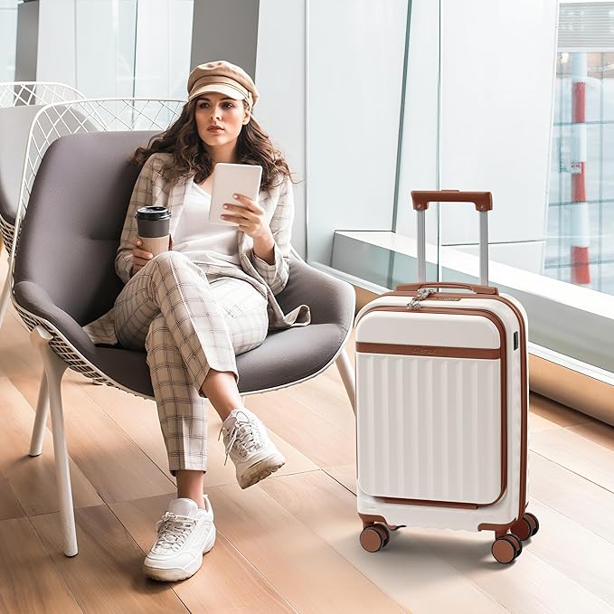 Merax Luggage Sets Front Opening, 2 Piece Hardshell Suitcase with Spinner Wheels and Bags,Lightweight Carry on Luggage with USB Port,20+24,White and Brown